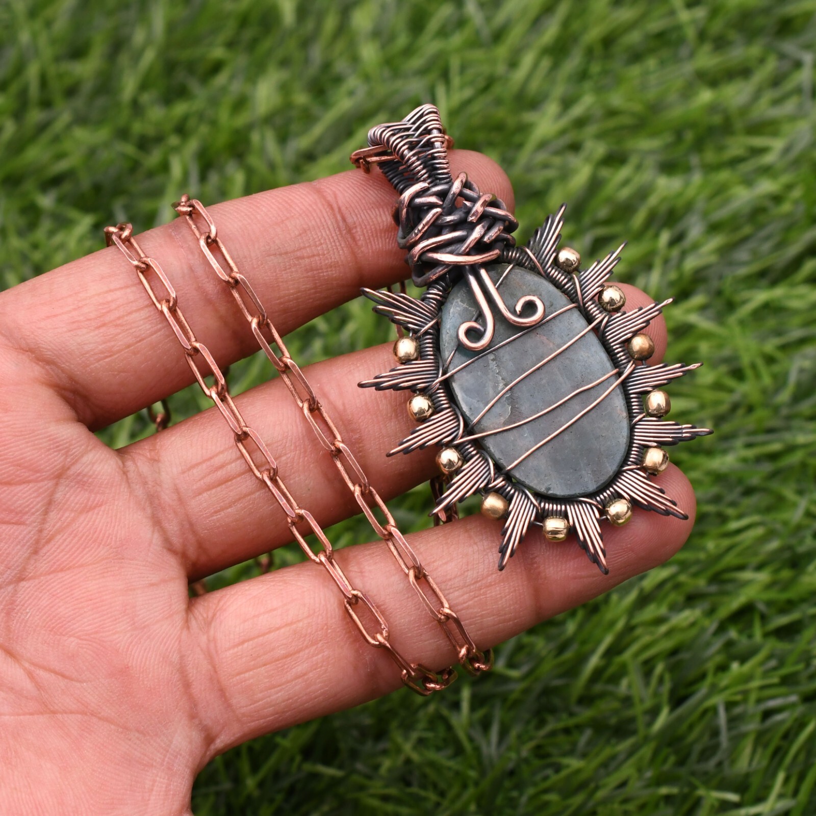 Neon Apatite Gemstone Copper Wire Wrap Handmade Jewelry Pendant 2.28″
