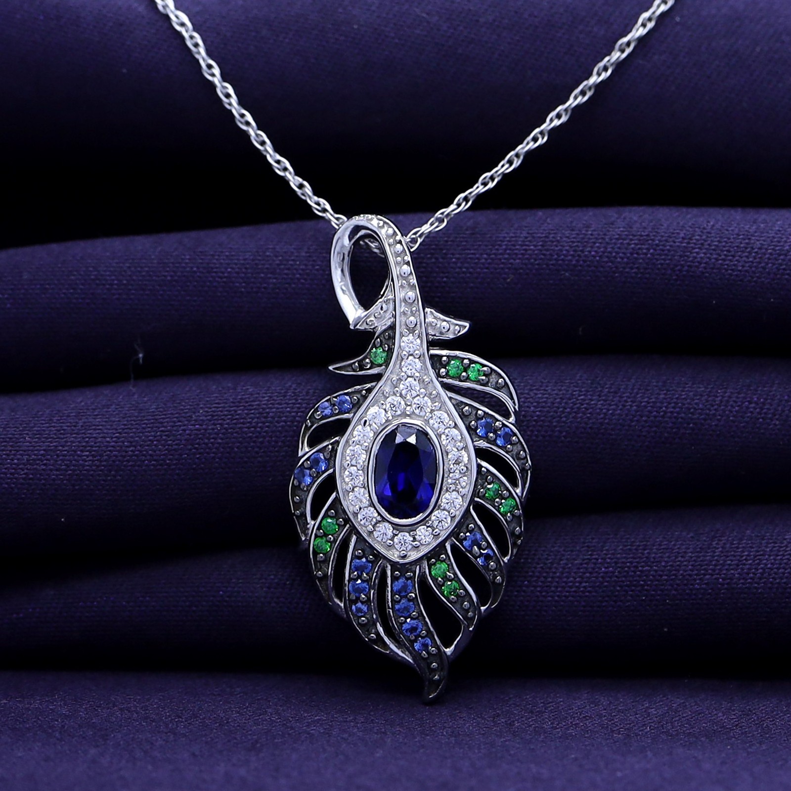 1.79 Ct “Peacock Feather” Pendant Simulated Tanzanite 14K Gold Plated 925 Silver