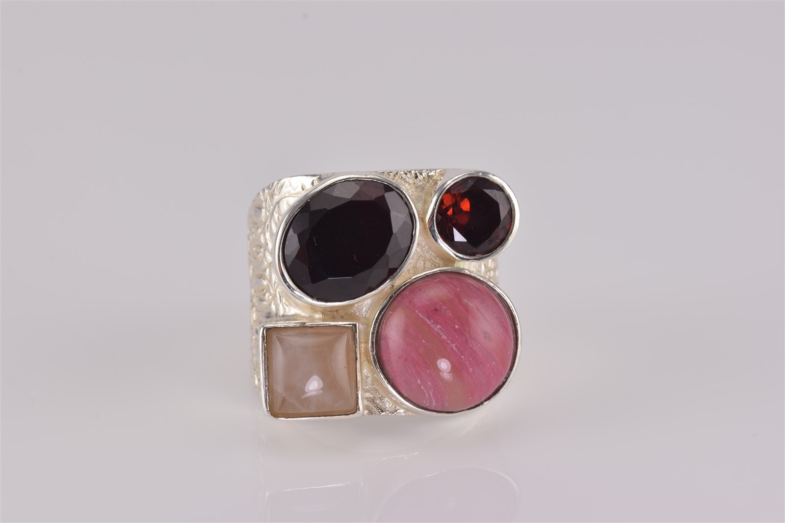 DTR Sterling Silver Rhodochrosite Garnet Quartz Textured Band Ring 925 Sz: 10