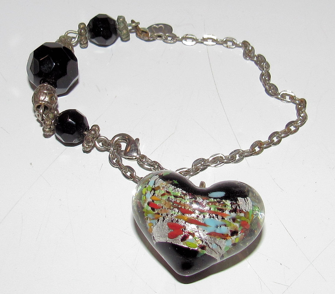 Murano Venetian Glass Foil Puffed Heart Pendant Charm Bracelet 7″ – 9″