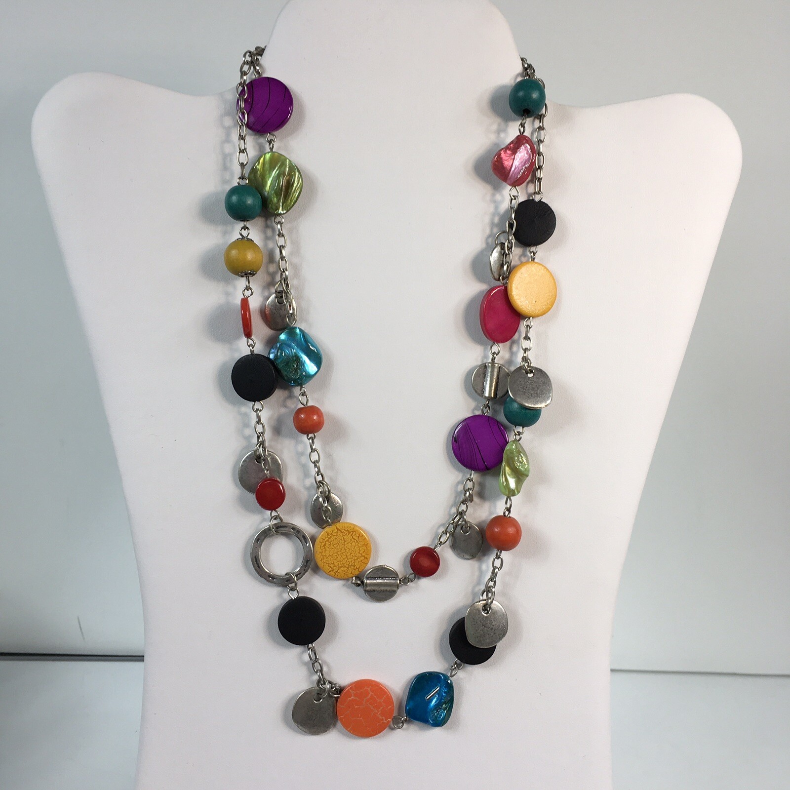 Double Strand Necklace Mixed Materials Shell Wood Multi Color