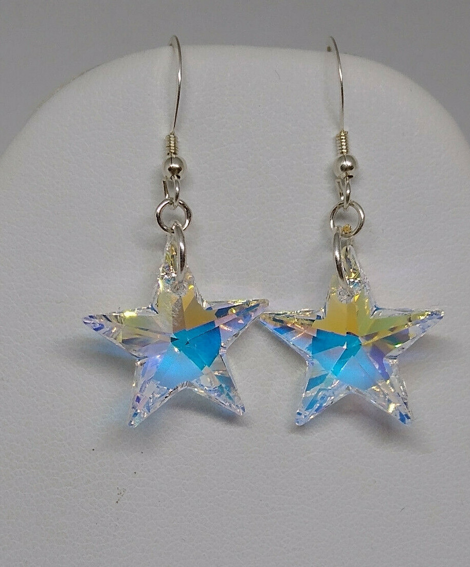 Handmade w/ Sterling Silver Swarovski Crystal Clear AB Star Earrings; Leverback