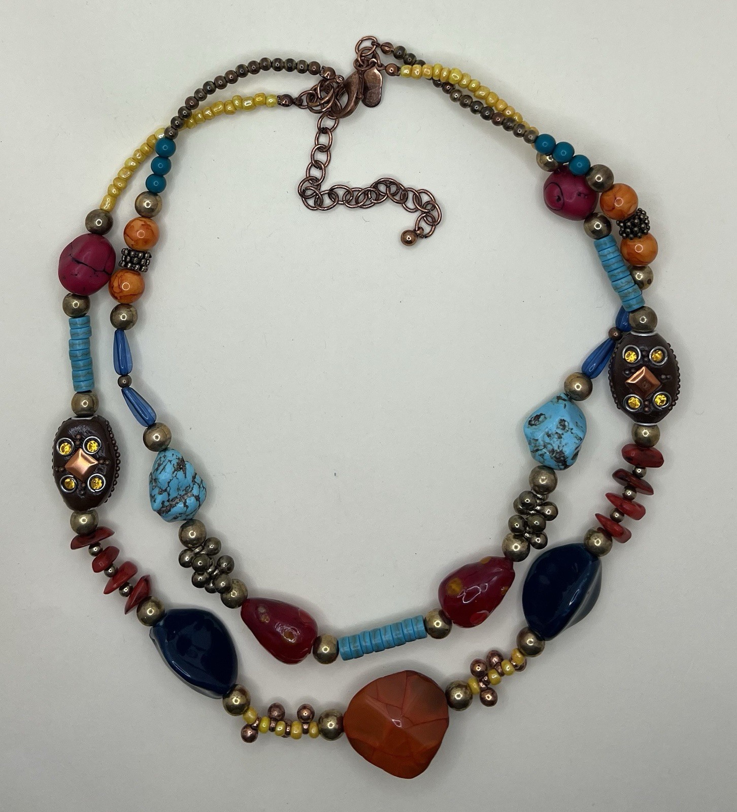 Treska Double Strand Mixed Media Vibrant Multi Color Statement Necklace Brass
