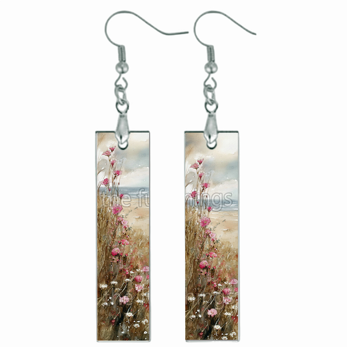 Pink Wildflowers By Beach Earrings Bar Style Wood Dangle Floral Jewelry Gifts