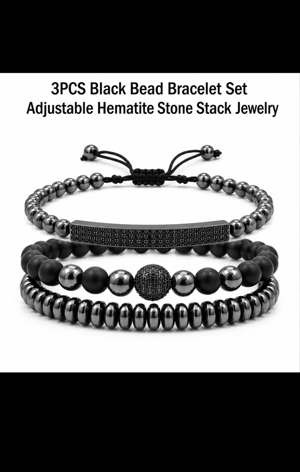 3PCS Black Bead Bracelet Set Adjustable Hematite Stone Stack Jewelry