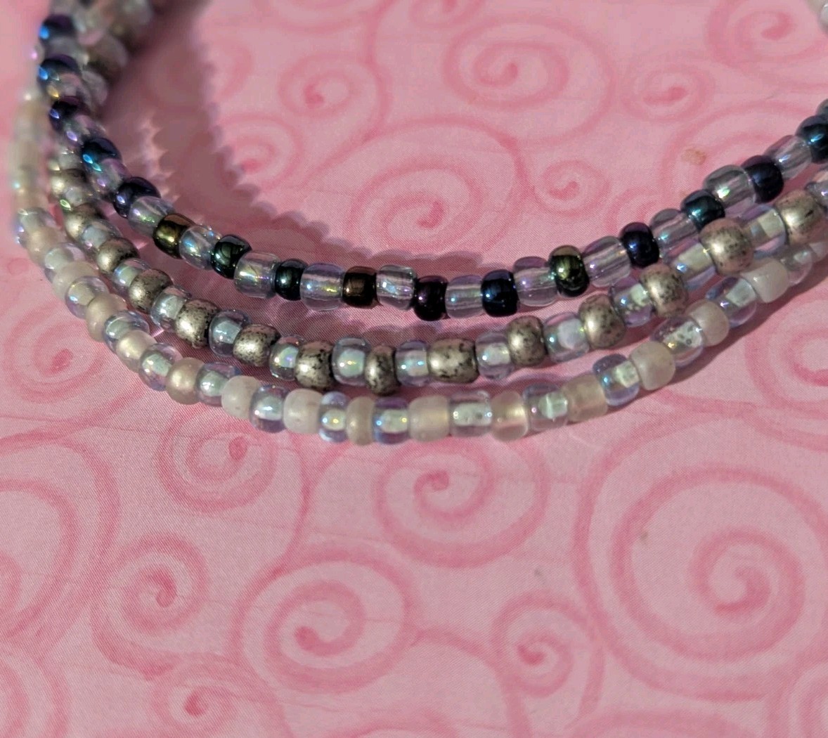Set Of 3 Silver Iridescent Glass Beaded Stretch Anklet Ankle Bracelet Handmade