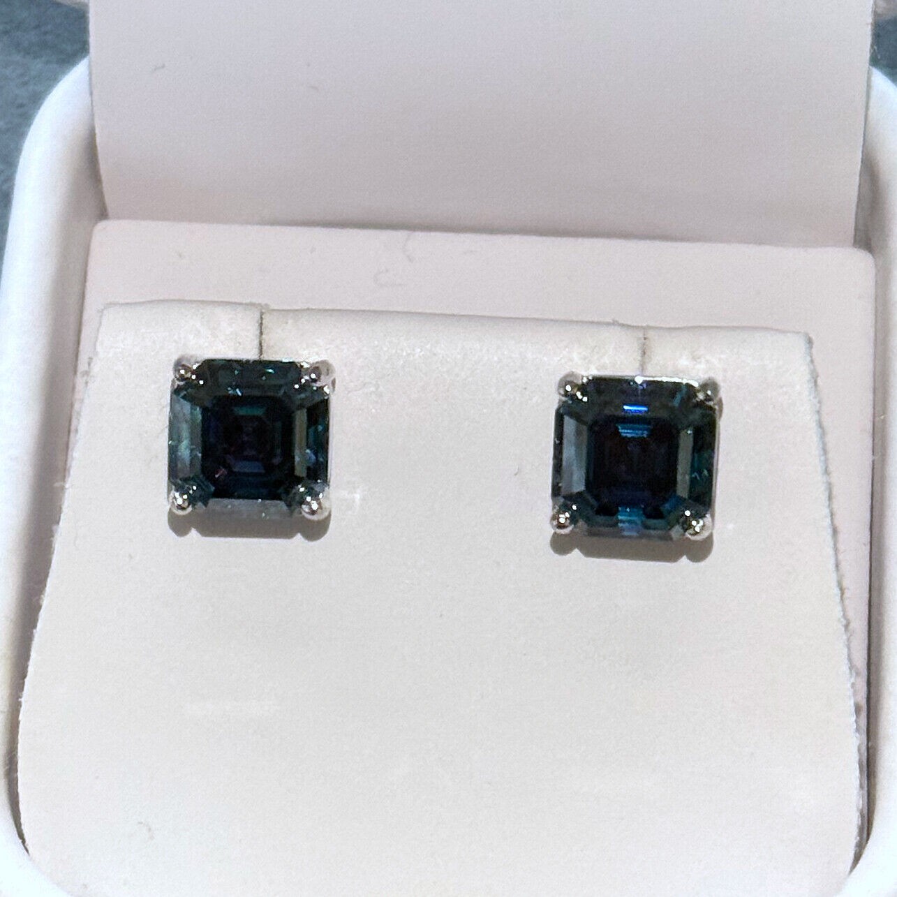 Dark Blue Asscher Cut Moissanite Stud Earrings Certified VVS1 – 925 Silver