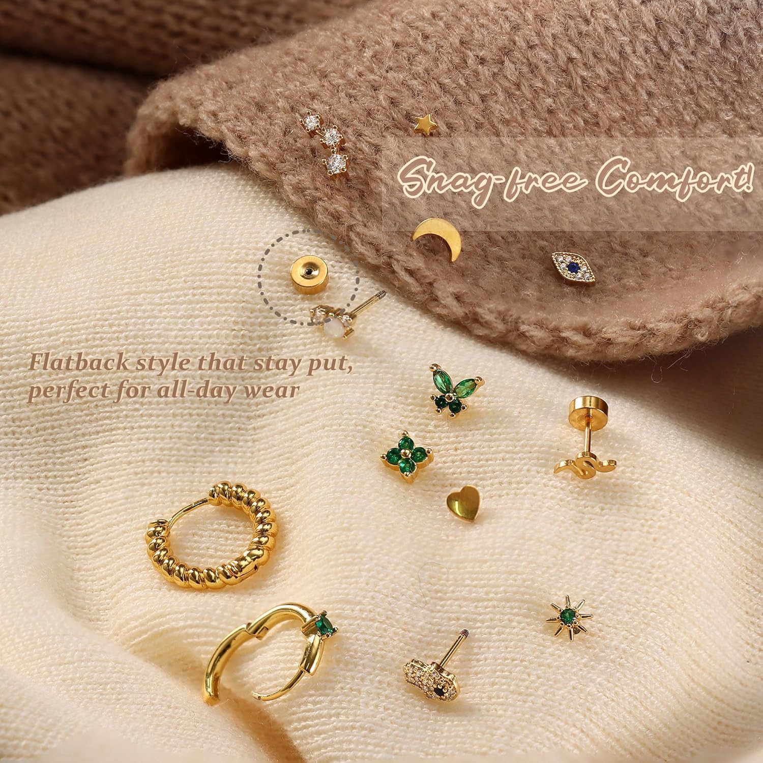 25Pcs/17 Pairs Hypoallergenic Surgical Steel Earrings for Sensitive Ears 14K Gol