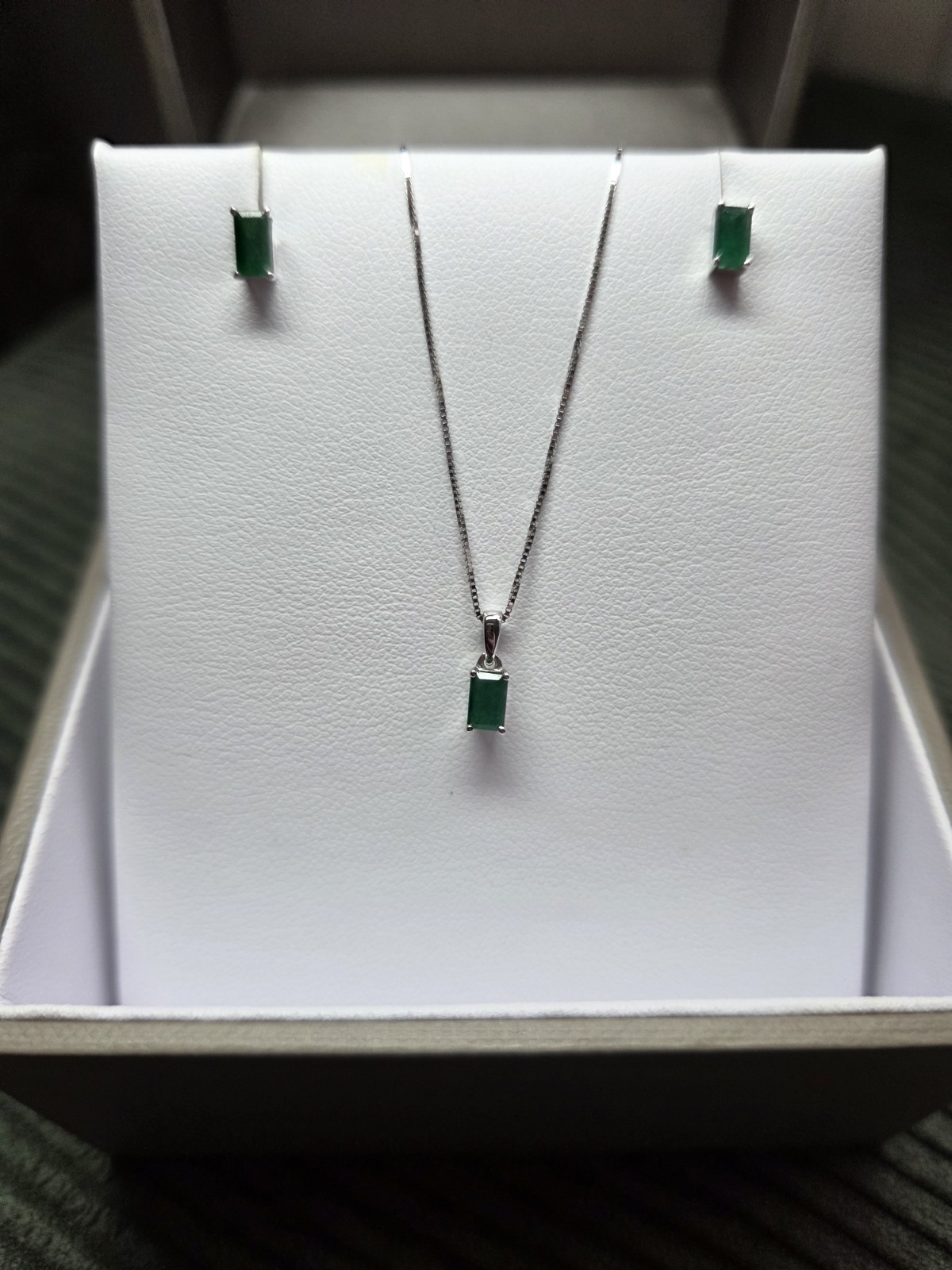 Green Emerald Diamond Necklace and Earrings Set White Gold Finish