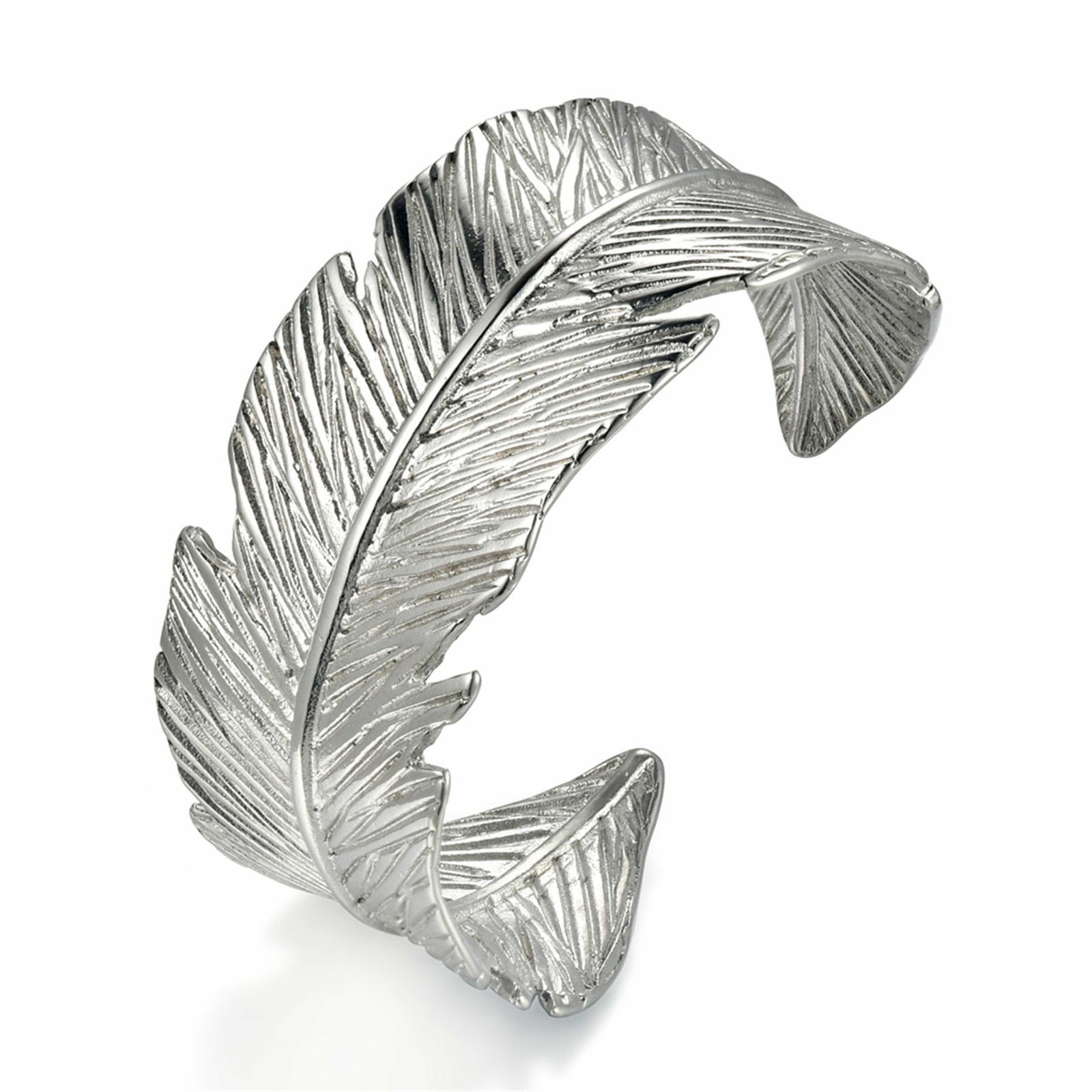 Women Stainless Steel Feather Cuff Open Wrap Bangle Bracelet Wristband Silver