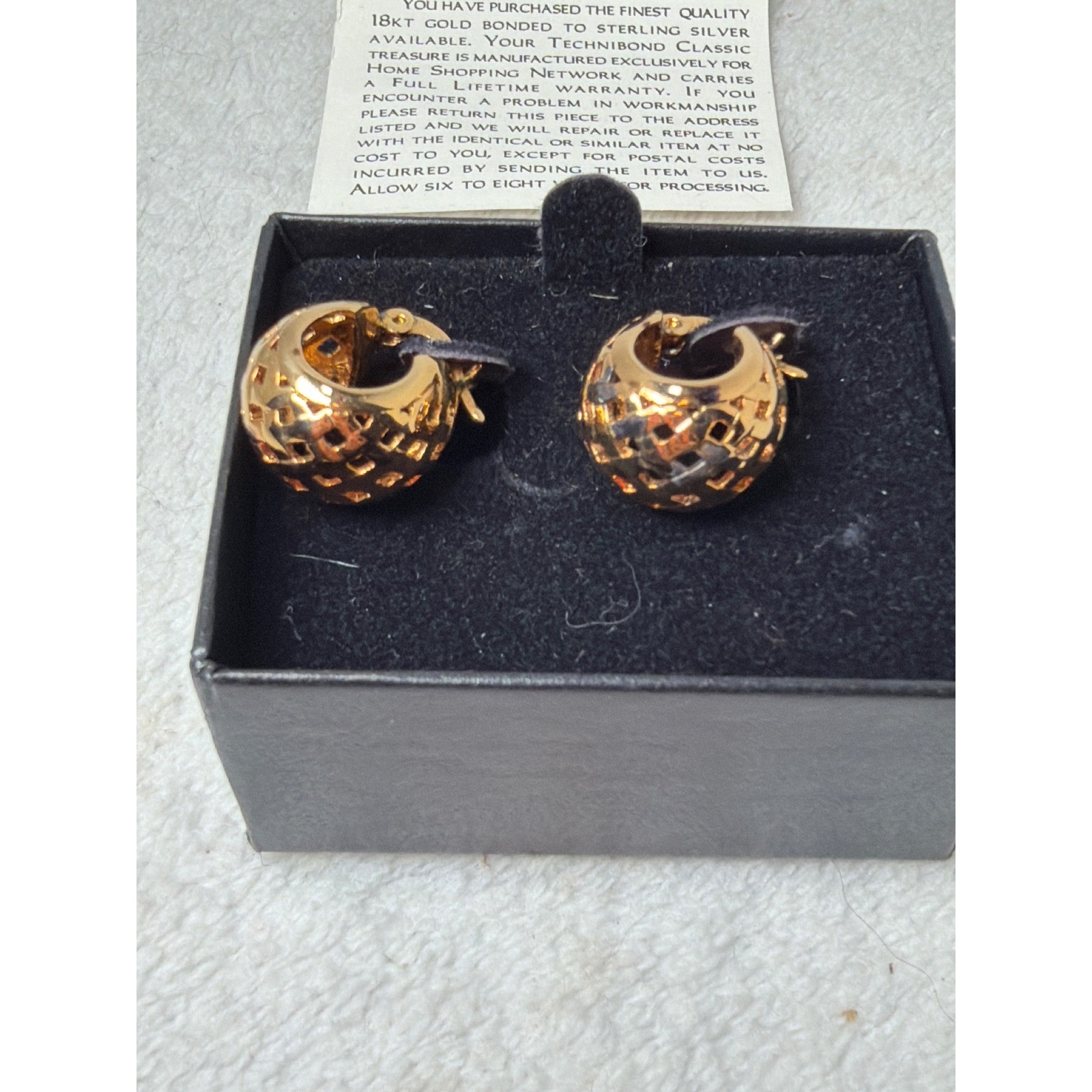NIB Technibond Hoop Earrings Gold 18kt Gold Bonded Sterling Silver Lattice