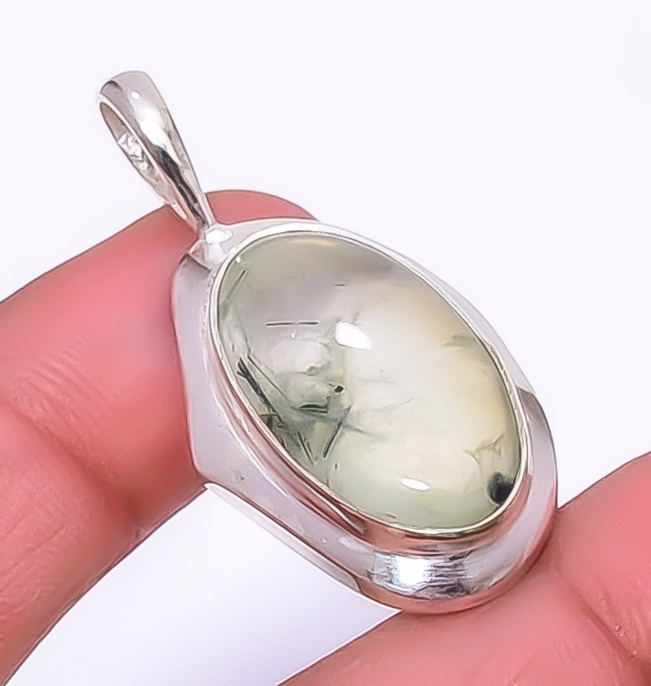 Prehnite Gemstone 925 Silver Plated Handmade Jewelry Pendant 1.64″ A399