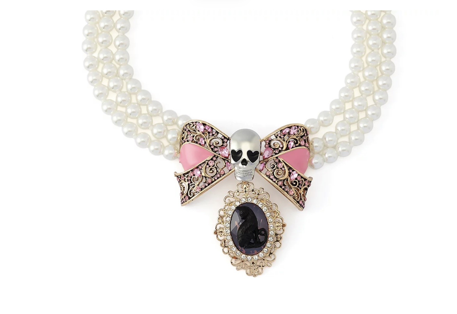 Betsey Johnson Faux Pearl Crystal Skull Bow Cameo Cat Statement Necklace NWT ☠️