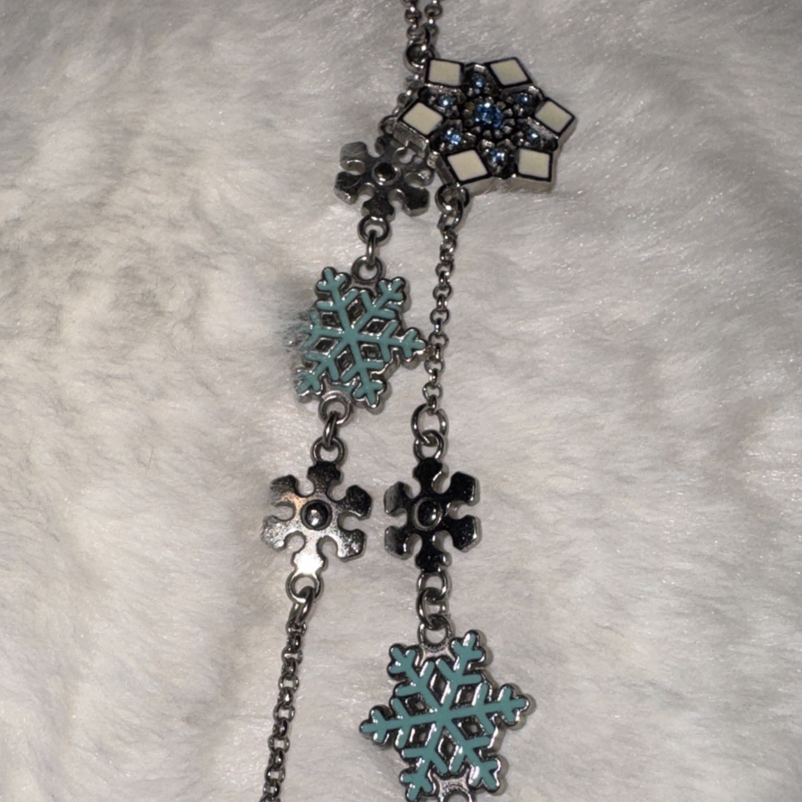 Vintage January Snowman Snowflake Layering Necklace 36 Inches Rhinestone Enamel