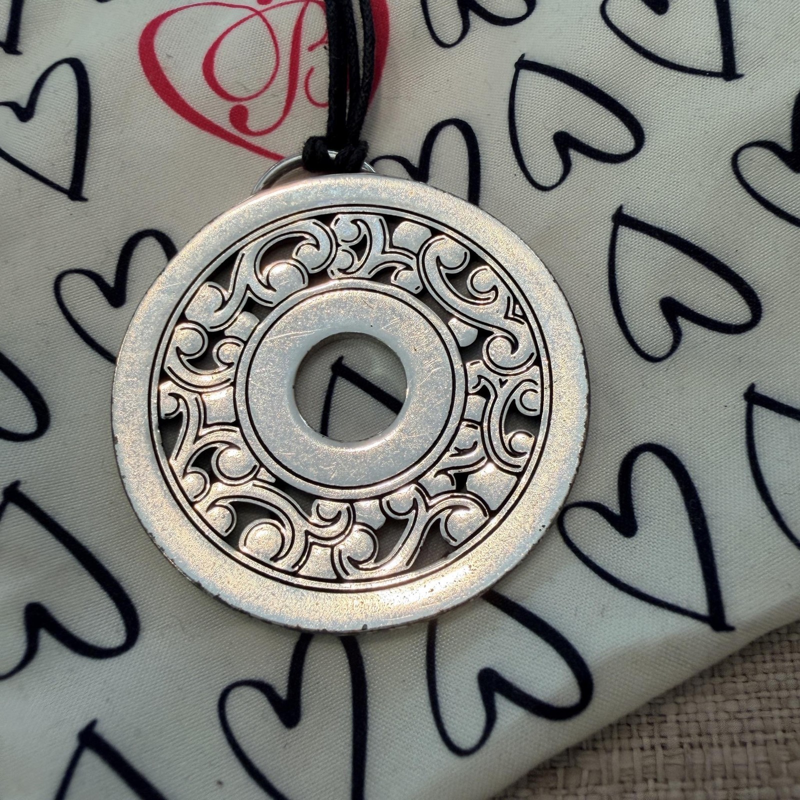 Retired Brighton Silver Tone Medallion Pendant Necklace Black Cord Crystal