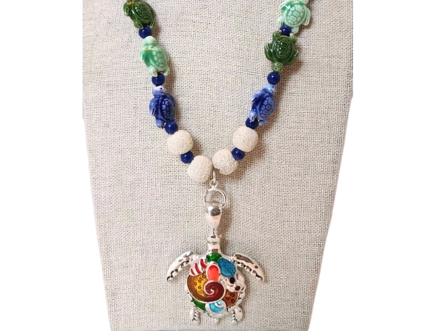 Ceramic Sea Turtle Beaded Necklace Enamel Turtle Pendant Colorful 21″