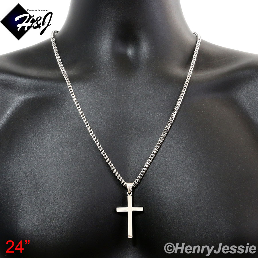 24″Stainless Steel 2mm Silver Franco Box Curb Necklace Plain Cross Pendant*SP29