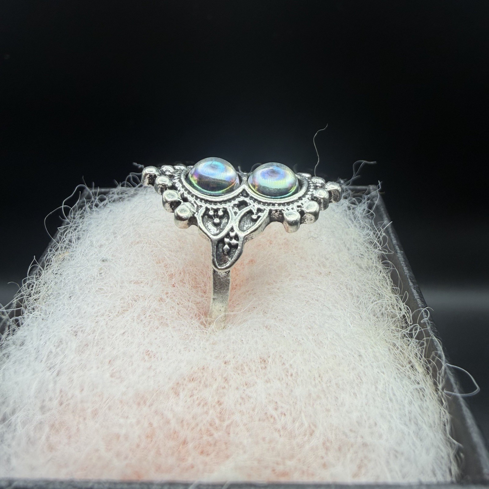 Boho Ring Magical Iridescent 2 Round Moonstone Gems Royal Ring Silver Tone Sz 7