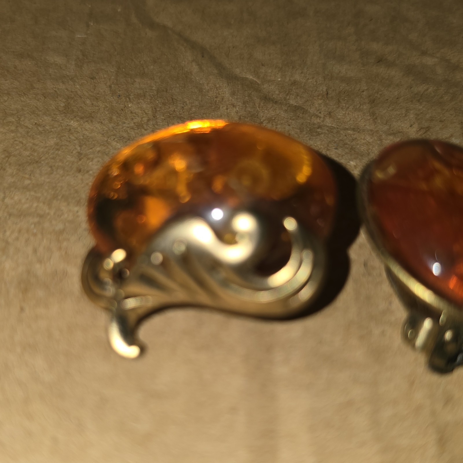 Silver Tone Clip-On Stud Earrings Oval Brown Amber Cabochon Bezel Pair
