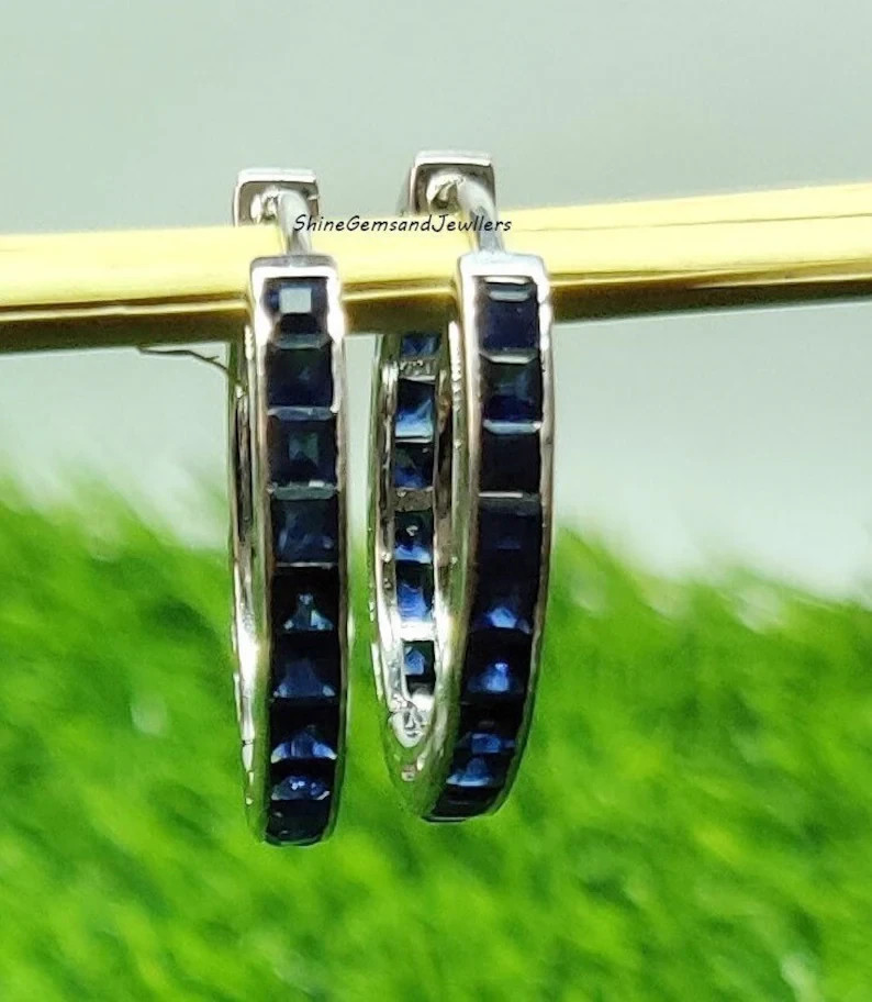 Natural Blue Sapphire Hoop Earrings 925 Sterling Silver Channel Set Women Gift