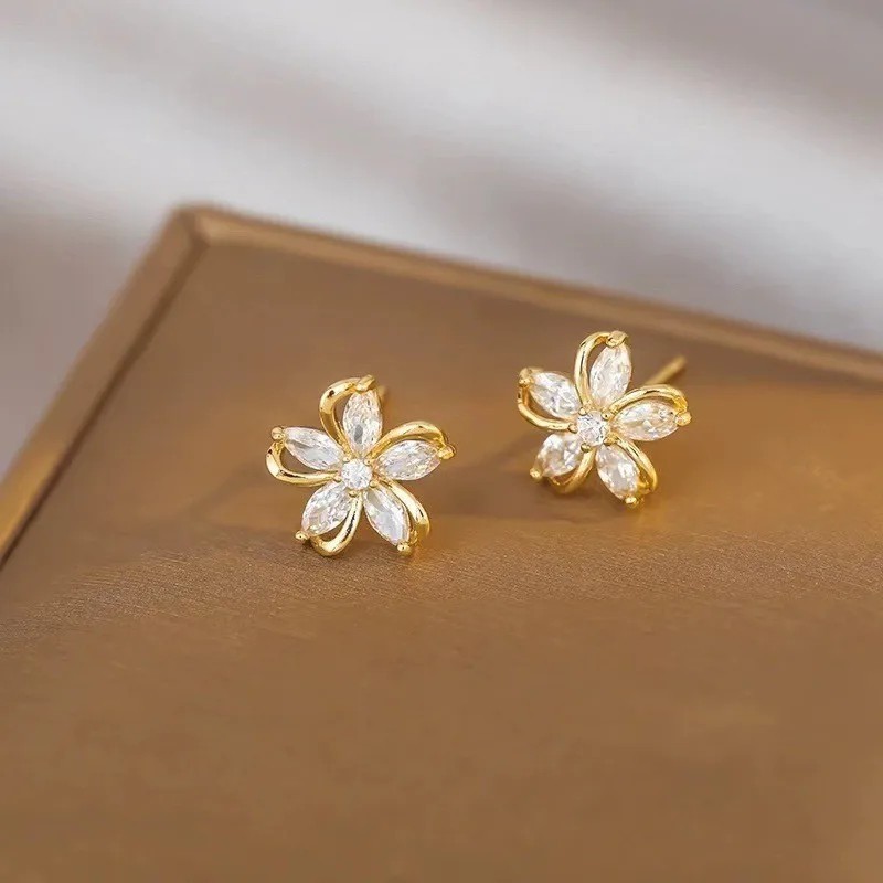 Flower Stud Earrings for Women Gold Color Zircon Cartilage Piercing Gift.
