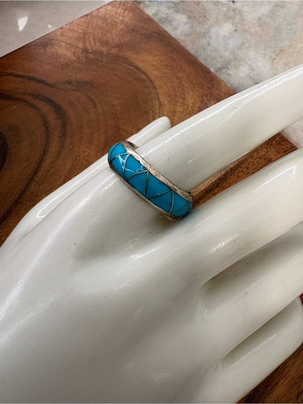 Turquoise Colored Inlay Sterling Silver Band Ring – Size 10.75