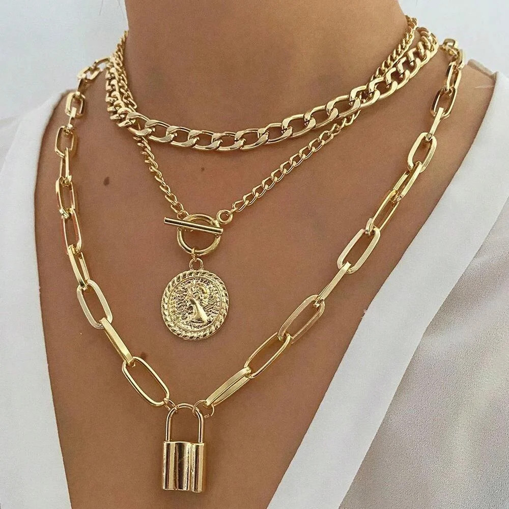 3Pcs Chunky Fashion Necklace Trendy Pendants Choker Women Multi-Layer Jewelry