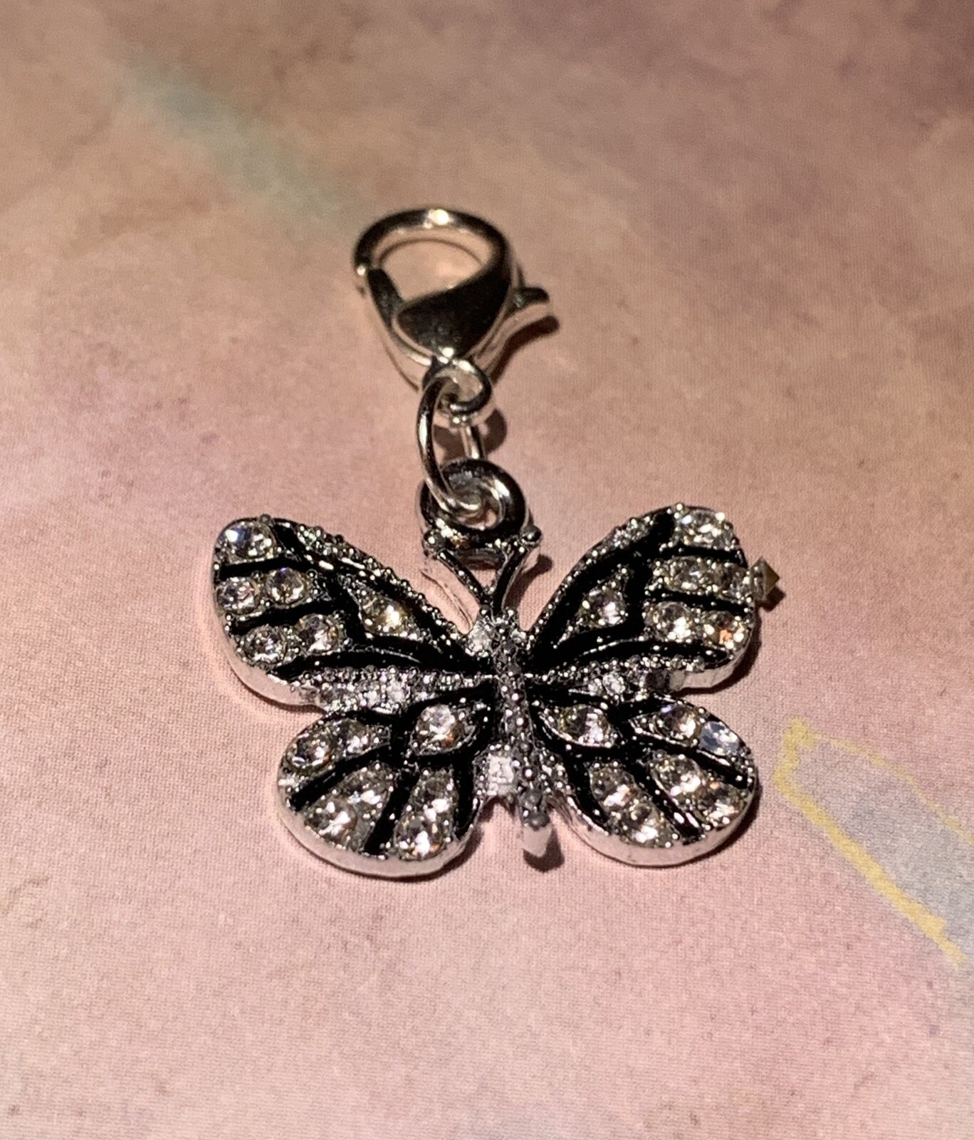 SPARKLING BUTTERFLY Clip On Charm w/ Lobster Clasp Keyring, Purse, Zipper Pull