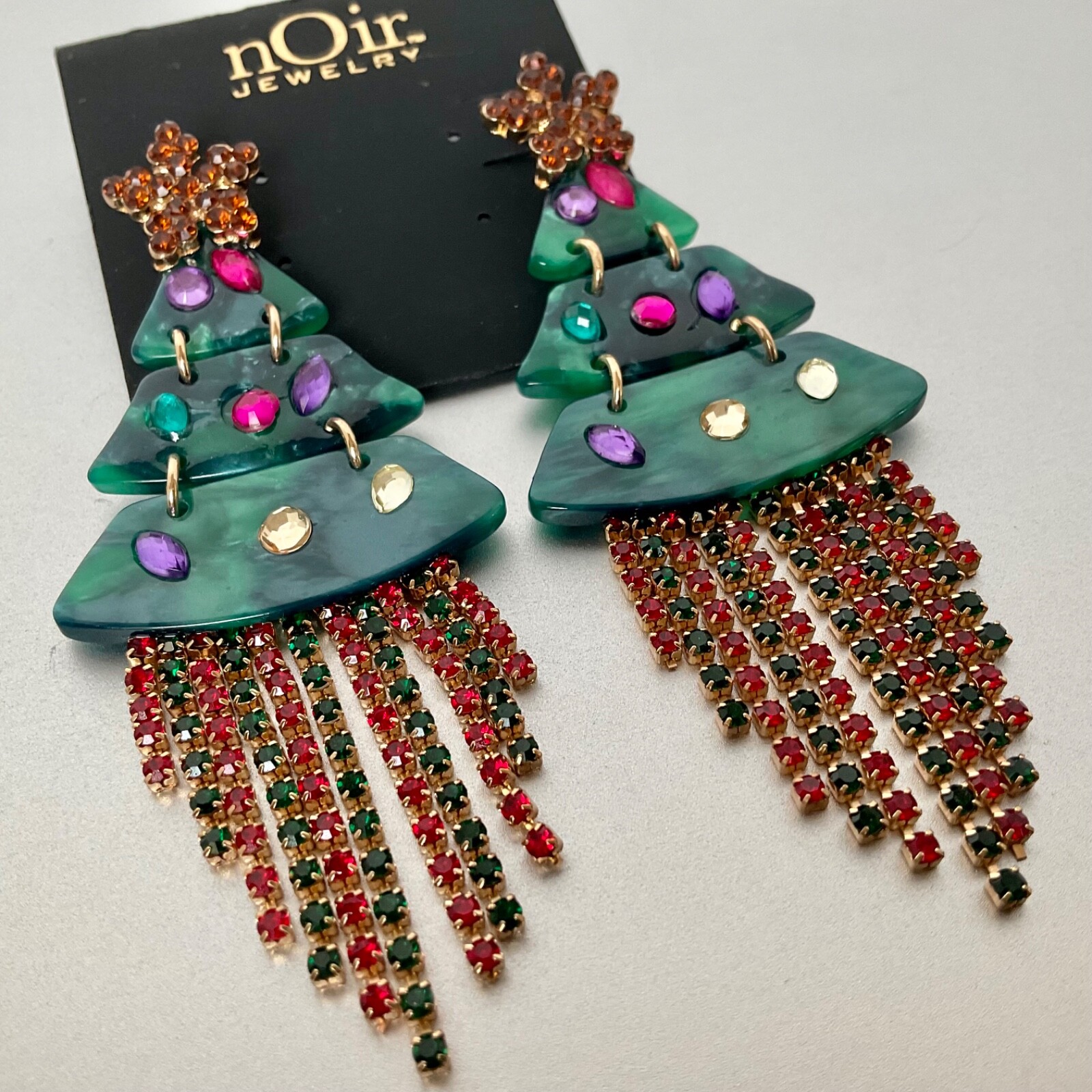NOIR Funky Statement Christmas Tree Dangle Earrings Acrylic & Rhinestones