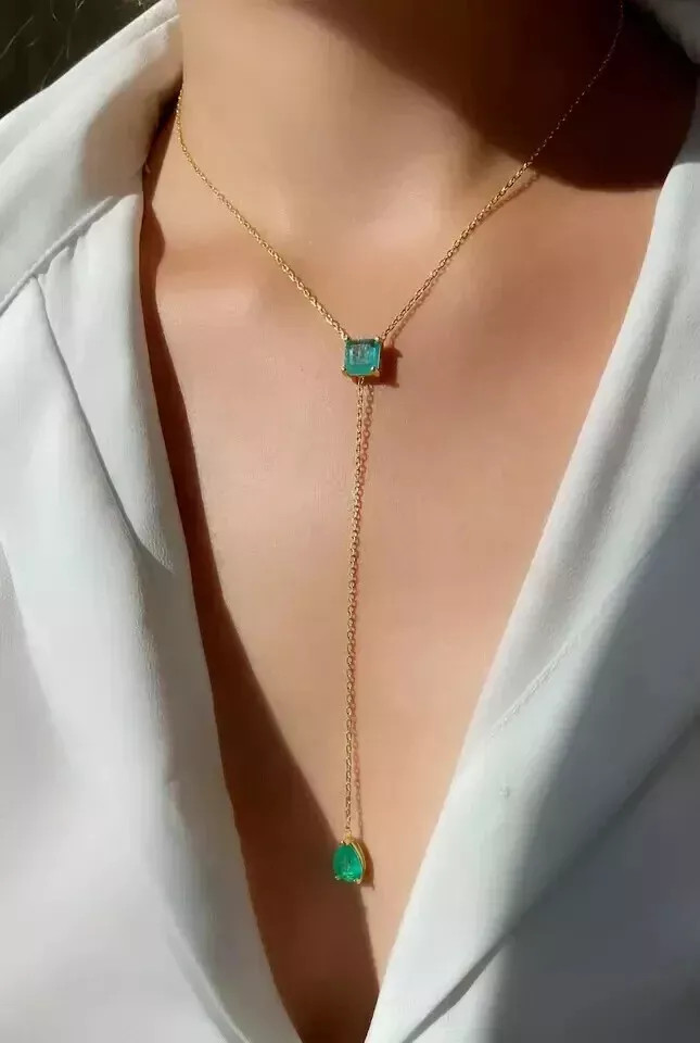 6CT Emerald Simulated Long Layering Y Drop Lariat Pendant 14K Yellow Gold Plated