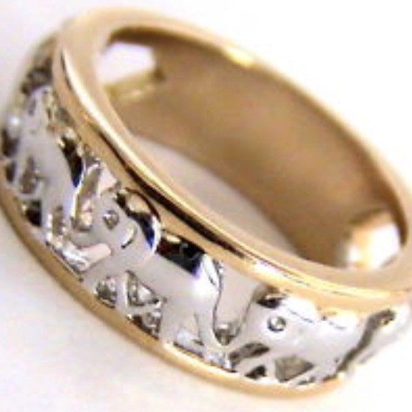 Park Lane ” ELEPHANT WALK” RING – Rhodium Silver Elephants in Gold Band – SZ 6