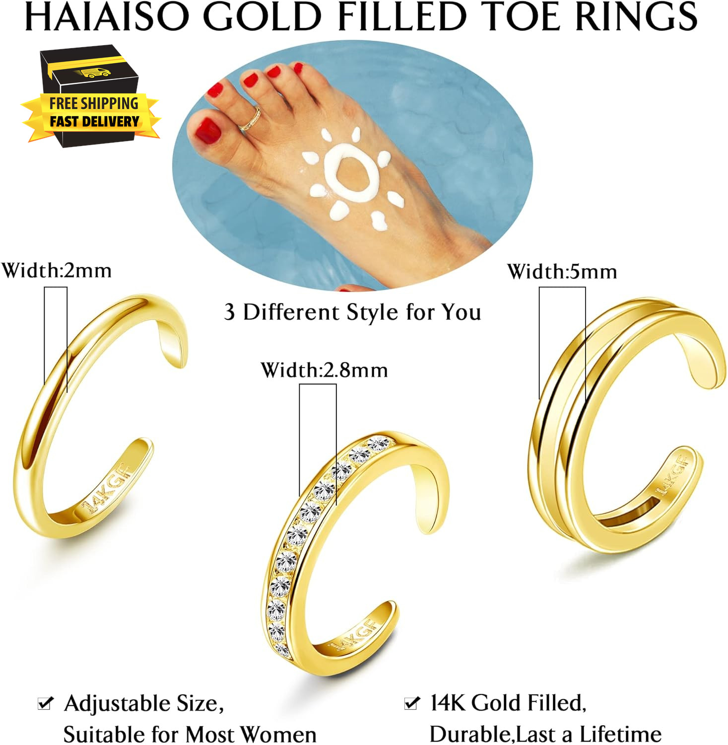 14K Gold Plated Toe Rings Adjustable Open Toe Rings Cubic Zirconia Band Toe Ring