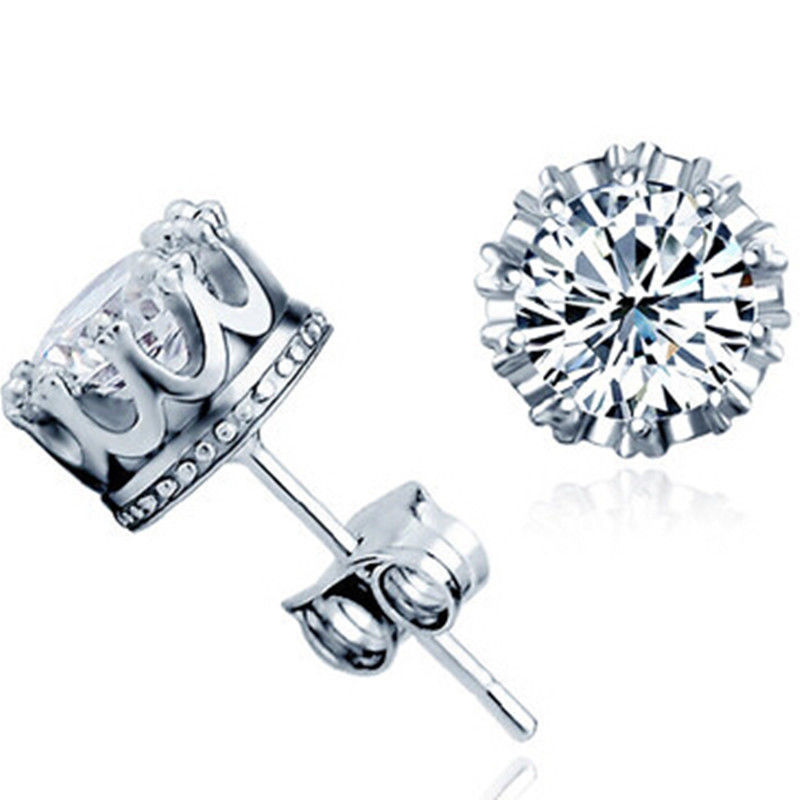 Pretty Silver Plated Round Crown Set Clear White 8mm CZ Stud Earrings