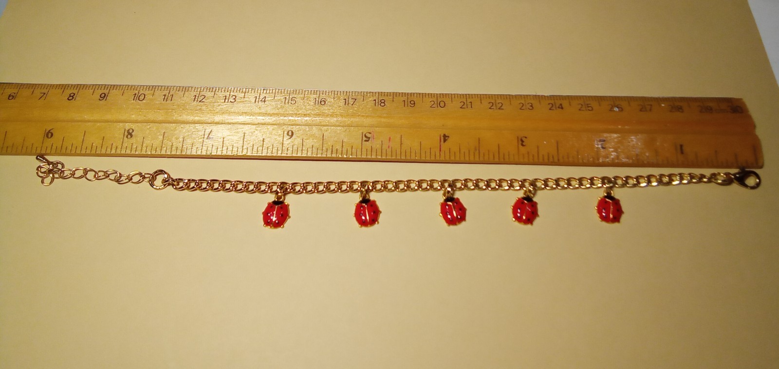 Ladybug Bracelet Gold tone chain 5 red black enamel charms ext chain Summer CUTE