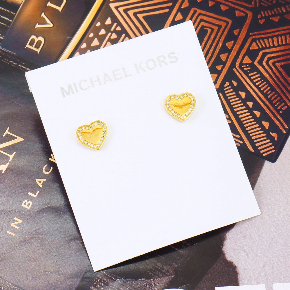 NWT Michael Kors Pave Heart Logo Stud Earrings MKJ3965 Gold Plated