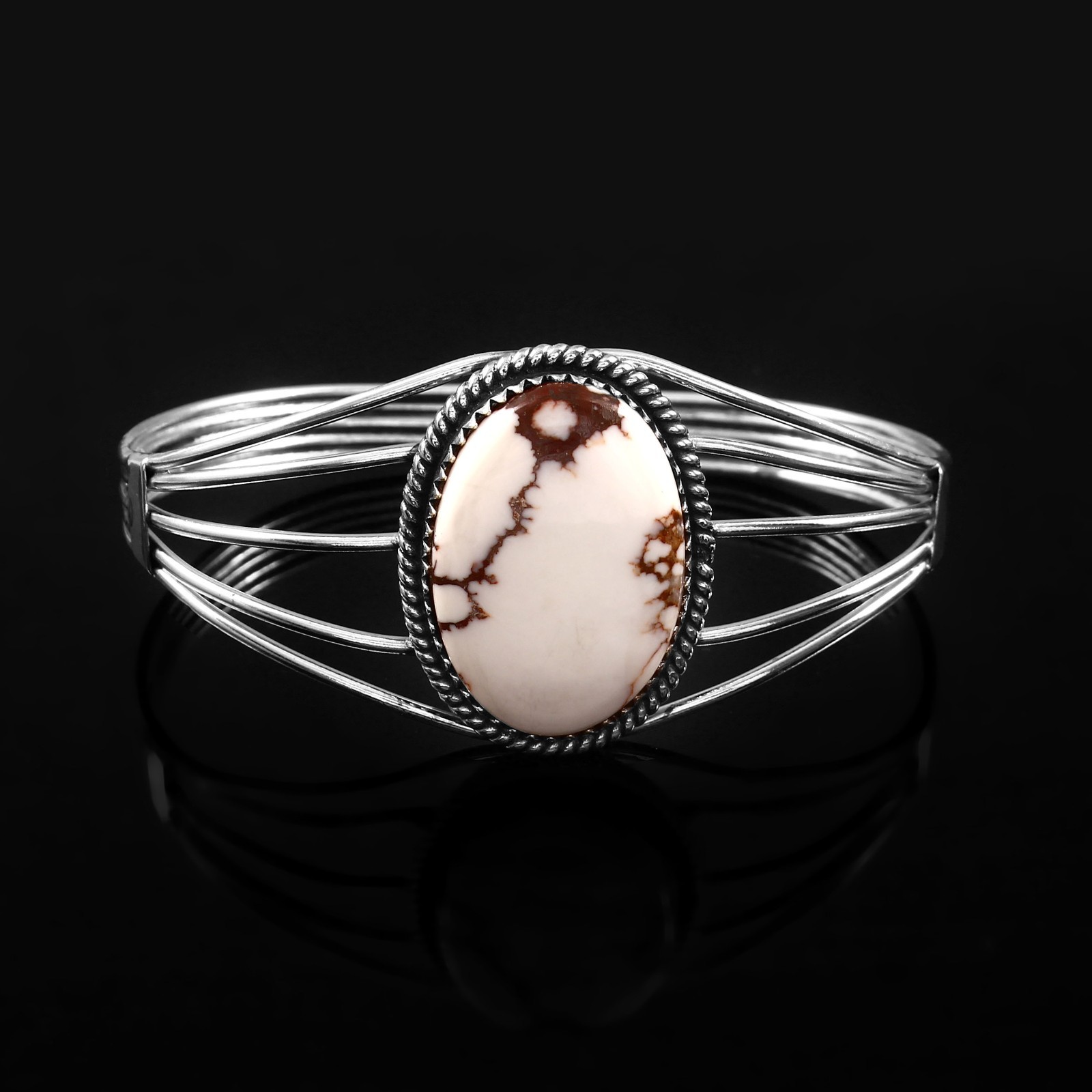 Wild Horse Turquoise Cabochon Bangle Handmade 925 Sterling Silver Jewelry