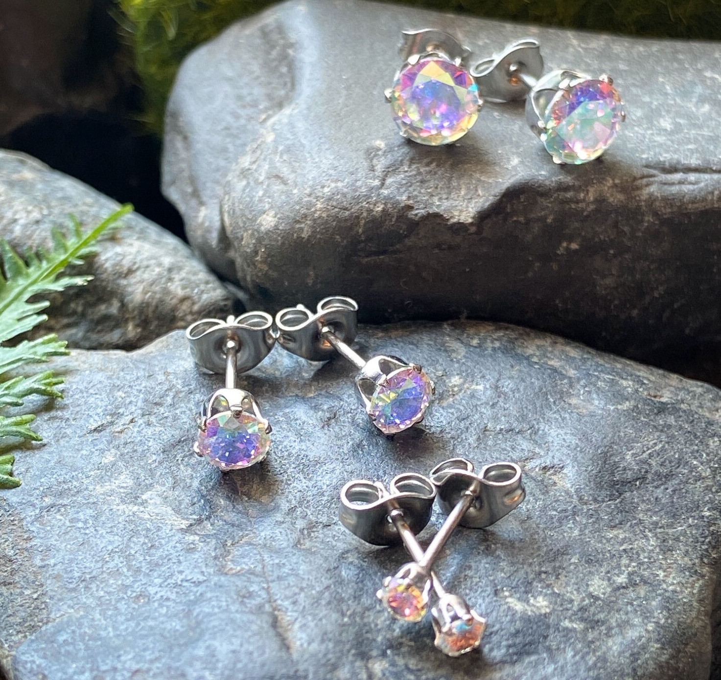 PAIR Hypoallergenic Earrings Prong Set Aurora Borealis Gems 316L Surgical Steel