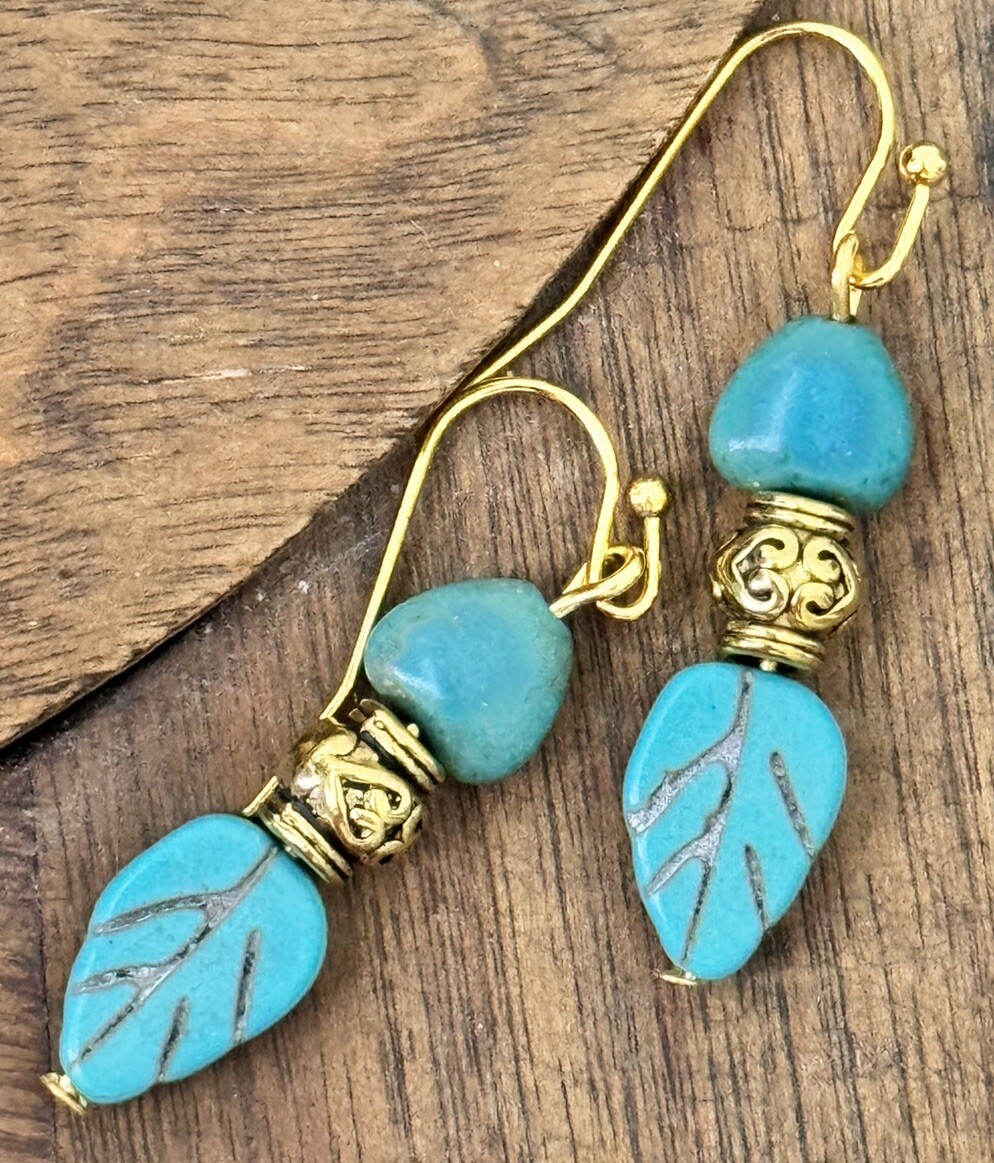 Etched Gold and Blue Howlite Leaves. Available In Bronze or Silver Upon Request