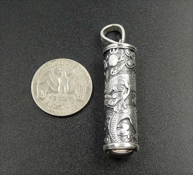 925 Sterling Silver Ornate Detailed Dragon Cylinder Prayer Box Locket Pendant