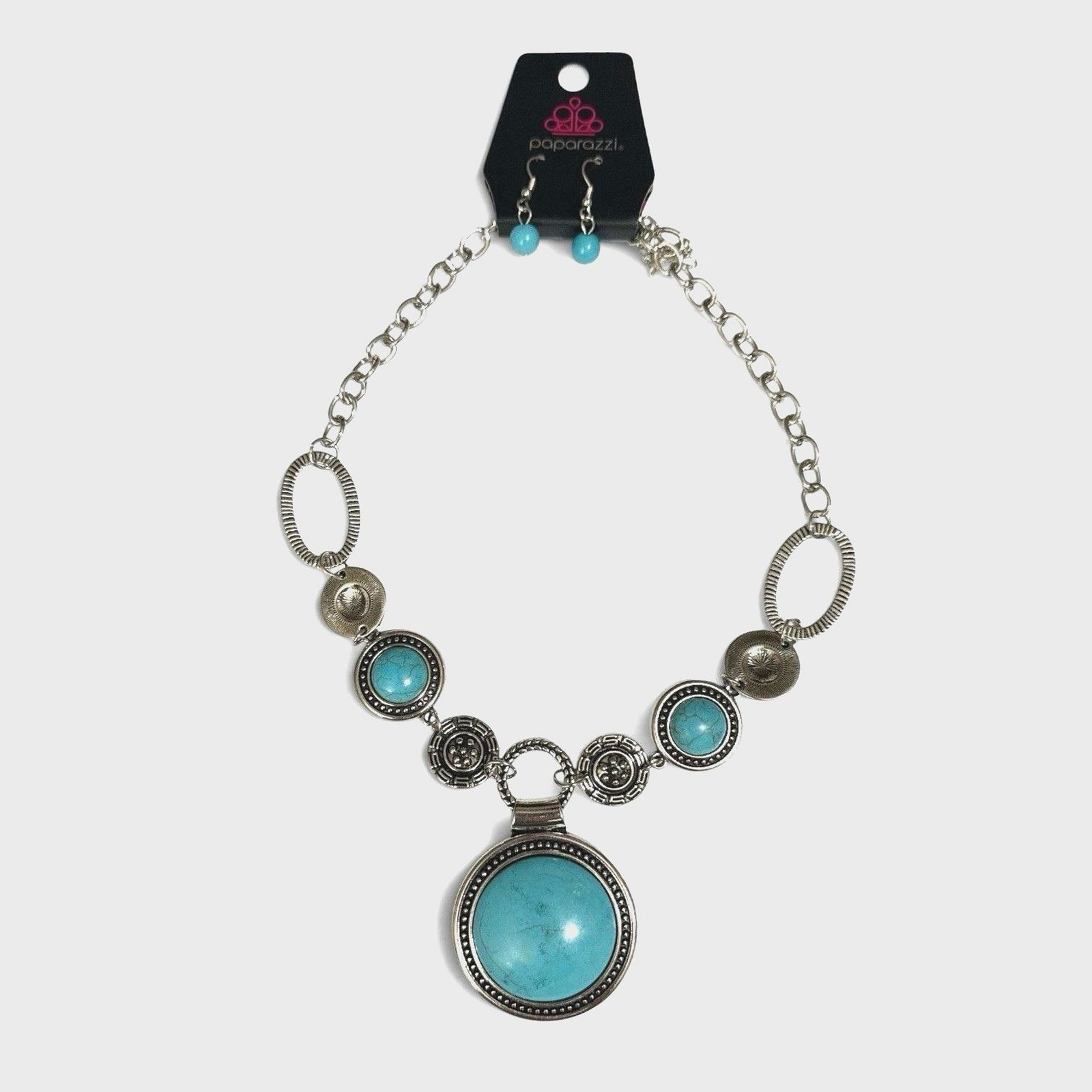 NWT Paparazzi Turquoise Silver Tone Statement Necklace Earring Set 18″