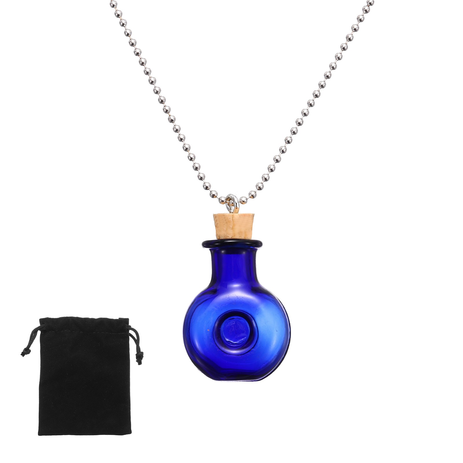 26mm Vial Necklace with Cork Stoppers Black Velvet Bag, Wine Shaped, Blue