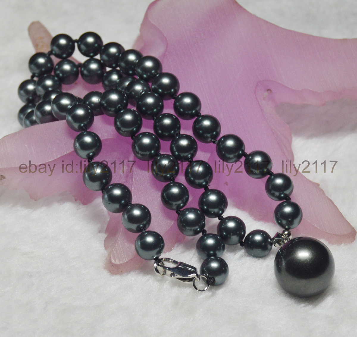 Pretty 8MM South Sea Black Shell Pearl Round Beads 16MM Pendant Necklace 18″