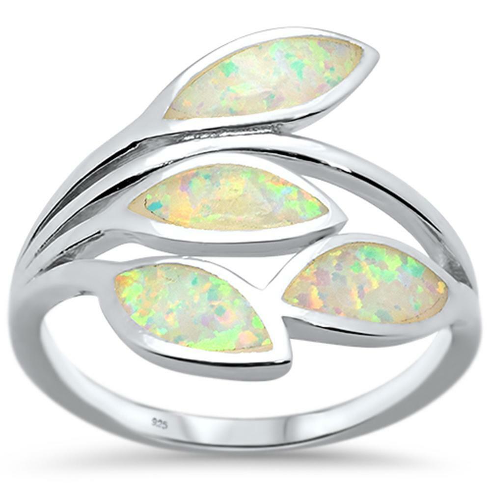 White Opal Olive Branch Tree Leaf .925 Sterling Silver Ring