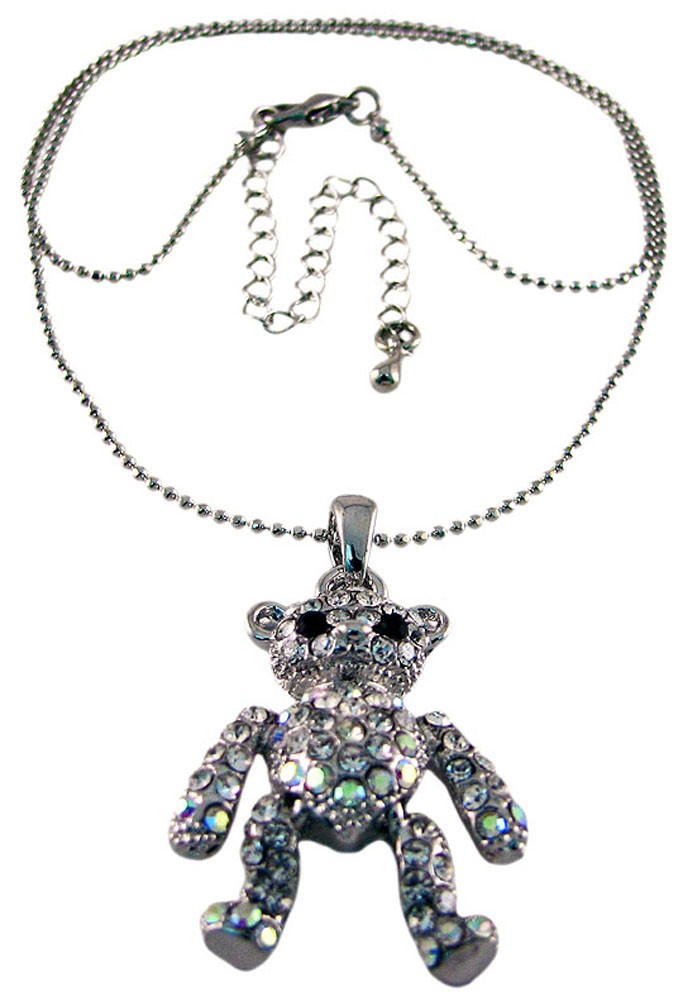 Zeckos Rhinestone Encrusted Teddy Bear Pendant Necklace AB