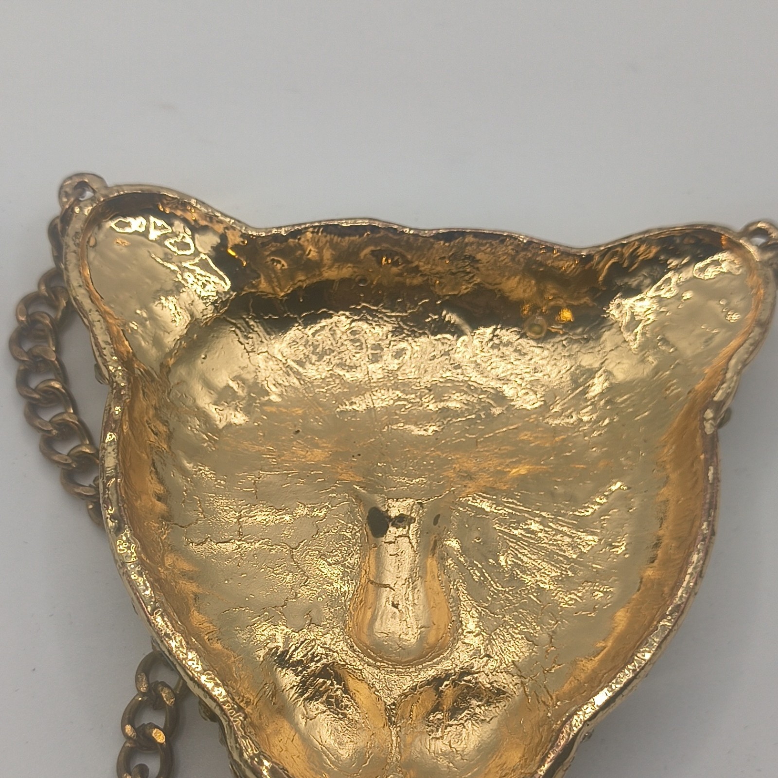 Gold Tone Curb Link Chain Necklace Leopard Pendant Pavé Rhinestone Green Eyes