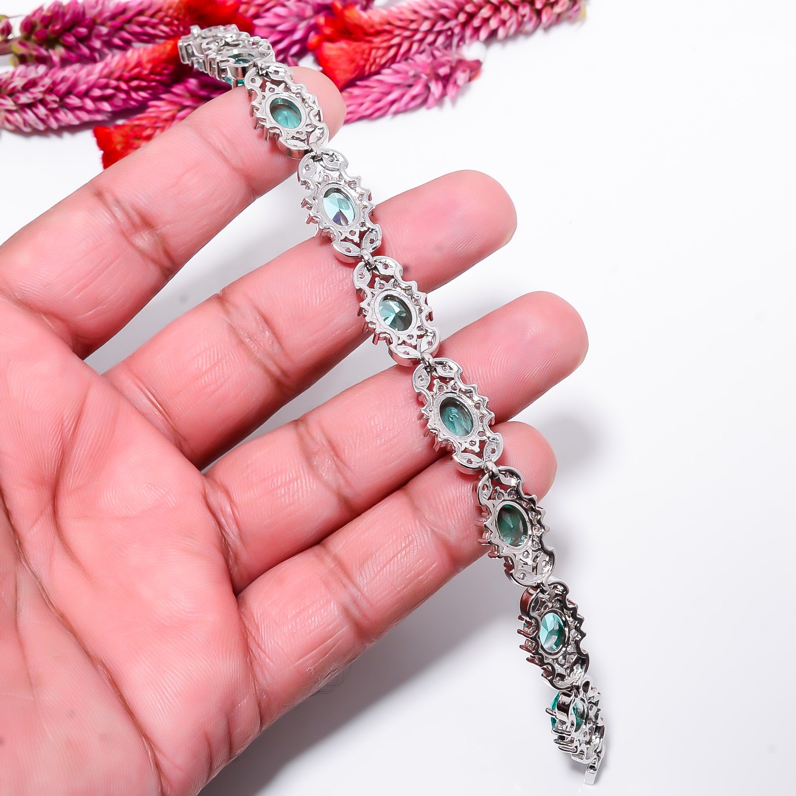 Paraiba Tourmaline, CZ 925 Sterling Silver Tennis Bracelet B129067