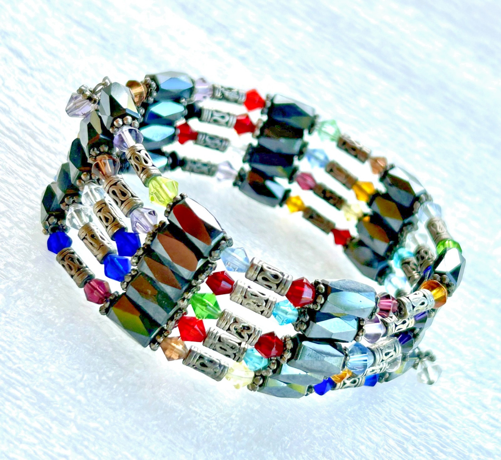VINTAGE COIL WRAP BRACELET MAGNETIC HEMATITE, MULTI-COLOR & SILVER TONE BEADS