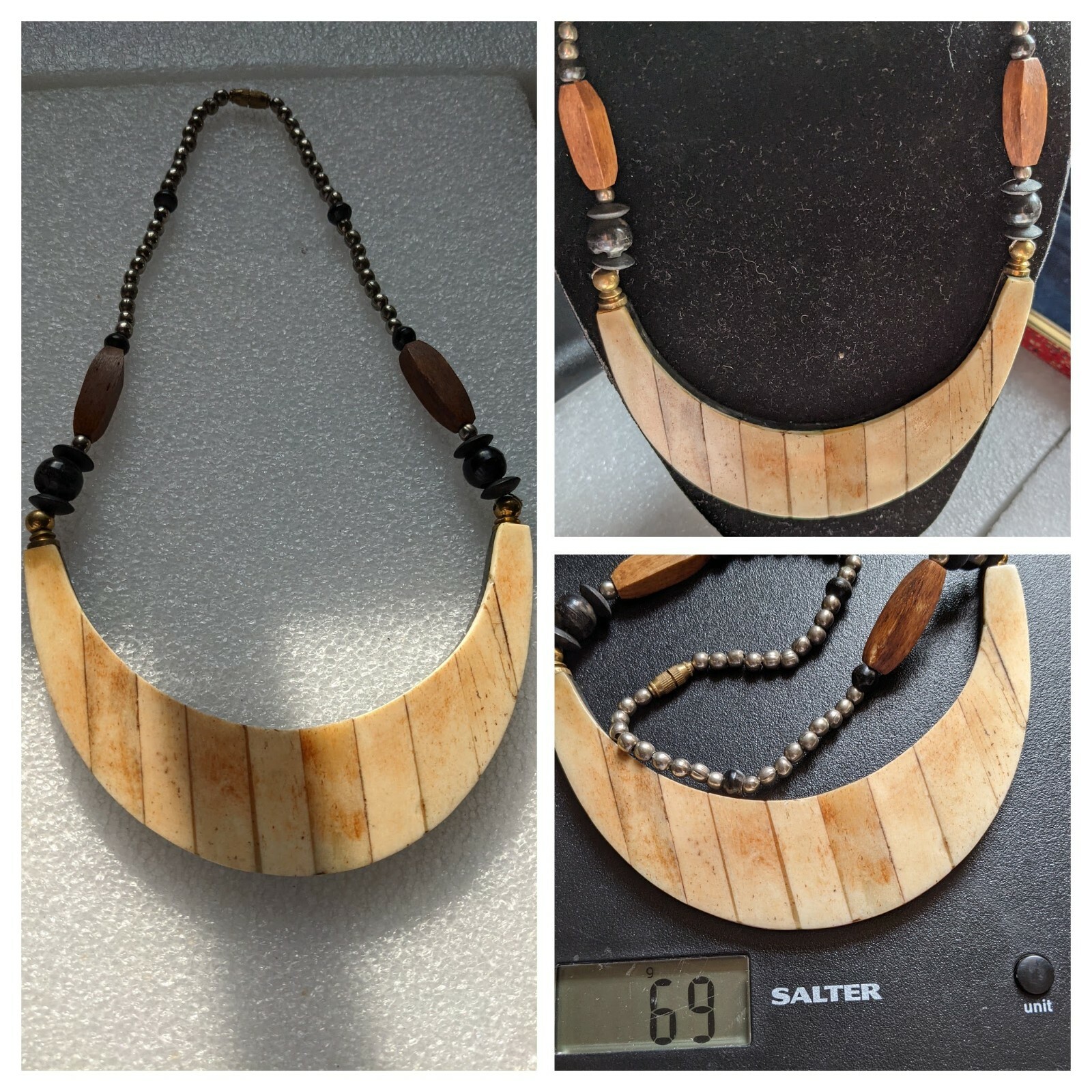 Vintage Necklace & Bovine &Silver Tone spacers 18 inch long 69g Unique Gift