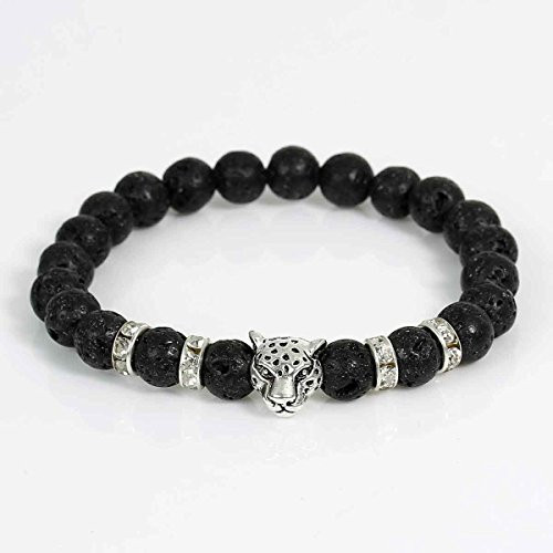 Men, Womens Synthetic Lava Beaded Healing Bracelet Leopard Head with Rhinestone