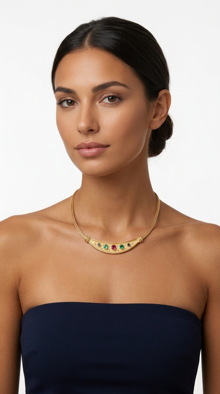 Byzantine Necklace, Gold Plated Curved Bar with Multicolor Gemstones